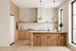 © Washdog - Modern kitchen interior with wooden and white accents. 3d render.