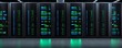 © lnwAI - Data center with rows of server racks, glowing lights in blue and green, modern technology infrastructure for data storage and processing.