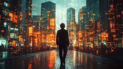 Poster - A figure stands alone on a wet street, facing a vibrant cityscape illuminated by oversized digital panels. Rain reflects the light enhancing the futuristic atmosphere.