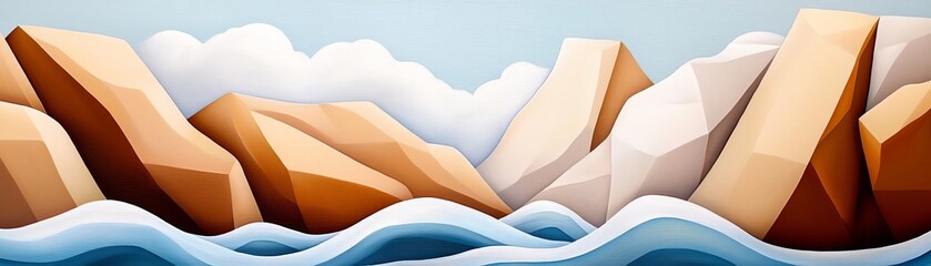 Stylized illustration of rocks emerging from waves, with blue water and a serene sky, ideal for backgrounds and graphic designs.