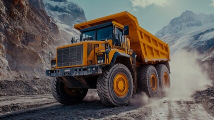 Aufkleber - A large, yellow dump truck navigates through rugged terrain in a mountainous area, transporting materials amidst dust clouds during daylight.