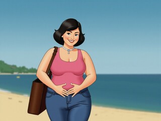 A Woman in Casual Attire Enjoys a Sunny Day at the Beach, Showcasing a Joyful Expression While Holding Her Stomach