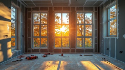 Poster - Golden sunlight streams through large windows of a room in progress, highlighting tools and drywall while autumn leaves frame the view outside.