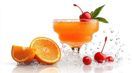 A photostock of a tropical cocktail with orange and cherry on a white background, refreshing and vibrant.