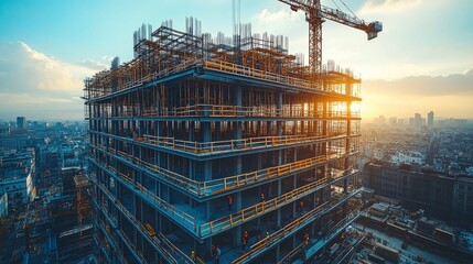 Aufkleber - Construction workers collaborate on a high-rise building as the sun sets, casting a golden glow over the bustling urban landscape filled with cranes and ongoing projects.