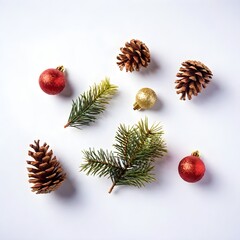 Wall Mural - Flat lay of Christmas ornaments, pine cones, and festive decorations arranged on a white background