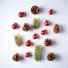 Wall Mural - Flat lay of Christmas ornaments, pine cones, and festive decorations arranged on a white background