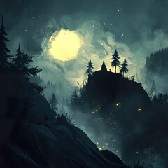 Poster - Enchanted Forest Night: Moonlit Mountain Landscape