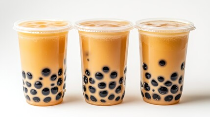 Poster - three vibrant bubble teas with tapioca pearls on a neutral background generative ai