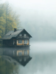 Poster - A serene wooden house by a misty lake, reflecting nature's tranquility.