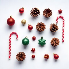 Wall Mural - Flat lay of various red and green Christmas decorations including candy canes and pine cones on a white background