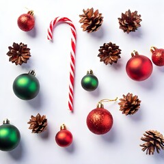 Wall Mural - Flat lay of various red and green Christmas decorations including candy canes and pine cones on a white background