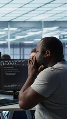 Poster - admin working in computer network security data center suffering from cold, sneezing. ill african am