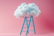 © anjum - A pink backdrop with a blue ladder leading to a fluffy cloud during a creative art installation
