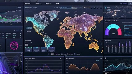 Poster - complex digital interface is showing a world map with data points, graphs, and charts, suggesting gl