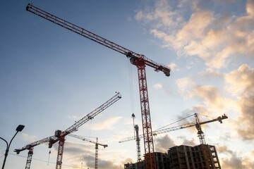 Fototapete - Cranes are actively lifting materials at a construction site, silhouetted by a colorful sunset in the background