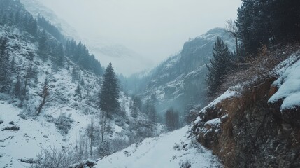 A snowy mountain scene invites you to explore and discover nature.  This poster captures the adventure of hiking and the beauty of winter landscapes.