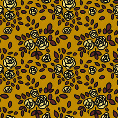 Sticker - Seamless pattern with beautiful vintage yellow rose and decorative leaf silhouette. Wallpaper with abstract yellow rose flower on brown background. Vector stock illustration.