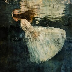 Wall Mural - Dreamy Underwater Portrait of a Woman in a Flowing Dress