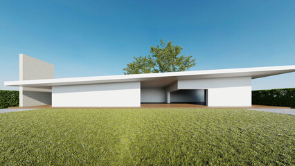 Wall Mural - Modern building exterior, architecture with large lawn garden,  3d rendering