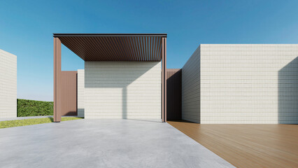Poster - Modern building exterior, curve architecture with large brick wall. concrete floor, 3d rendering