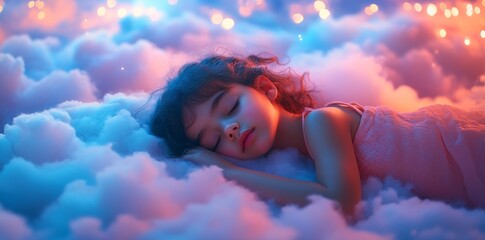 Wall Mural - A girl sleeping peacefully in the clouds.