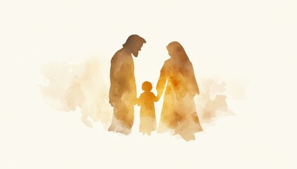 Watercolor illustration of baby Jesus, Mary and Joseph.