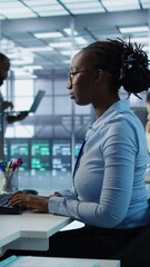 Poster - Portrait of smiling woman tasked with doing checkup on server room rows providing computing resources for different workloads. Happy admin investigating data center mainframes using PC, camera B