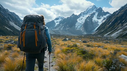 Backpacker Hiking Towards Majestic Mountain Peaks in New Zealand