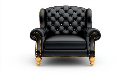 A photostock of a black leather armchair on a white background, isolated and stylish.