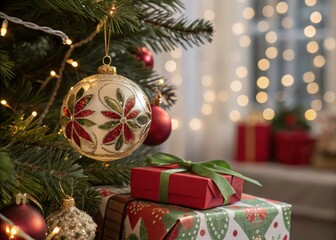 Festive Christmas Glass Ornament with Vibrant Tree and Colorful Gifts, Capturing the Spirit of the Holiday Season in Beautiful Food Photography