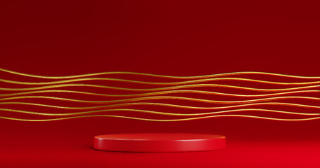 Poster - Cylinder product podium with gold wave decorative element on wall in red studio room interior for goods display and promotion. Realistic 3d vector minimal luxury award platform with golden line.