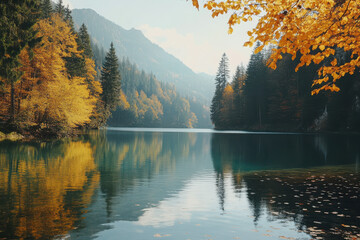 Poster - Serene lake surrounded by autumn foliage and mountains reflecting in calm waters.