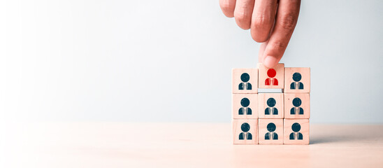 Wall Mural - hr, hrm, human resources management concept. wooden cube block print screen person. teamwork concept