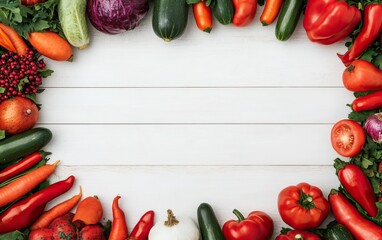 Wall Mural - A vibrant arrangement of colorful vegetables framing a blank space on a wooden surface, ideal for culinary themes or healthy eating.