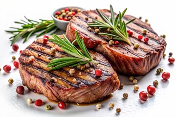 Two pieces of meat with sprigs of rosemary and pepper on top