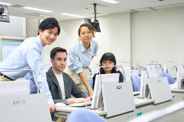 Poster - group, global, meeting, student, conference, office, multinational, conversation, speaking, teamwork, computer, human resources, female, advice, support, university student, class, international, dive