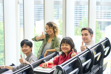 Poster - student, university student, group, thumbs up, like, global, classroom, smile, positive, lesson, african, education, study, good, study abroad, international student, japanese, asian, young, z generat