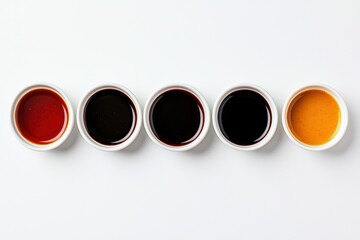 various sauces in small white bowls, neatly arranged in a line, vibrant colors and smooth textures, isolated on white background