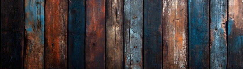 Wall Mural - Weathered Wooden Planks with Blue, Red, and Brown Paint