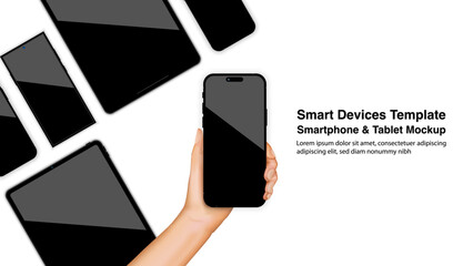 Poster - Smartphone in Hand with Smart Devices Background. Mobile and Tablet Technology Banner.  Vector Illustration.