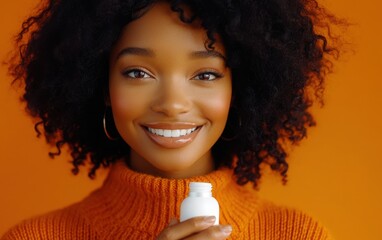 A vibrant close-up portrait of a beautiful Black woman with curly hair, showcasing her happy smile as she holds a small white skin care bottle. Dressed in a stylish orange sweater