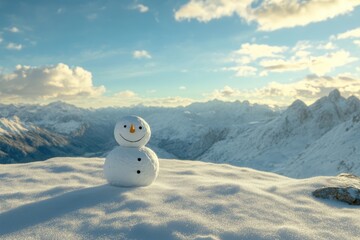 Frosty Holiday Fun. Smiling Snowman Enjoying Winter Season in the Alpine Landscape