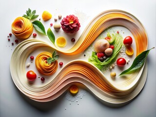 Abstract Food Photography with Wavy Dynamic Lines and Curves on a White Background for Modern Culinary Art and Design Inspiration in Stock Photography