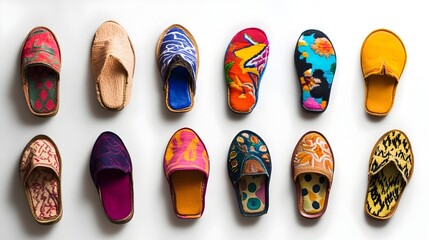 vibrant collection of fashionable colorful slippers displayed on clean white background