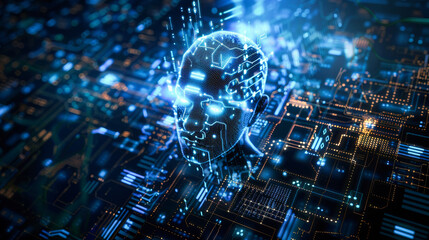 Poster - A futuristic composition with human and digital components. Artificial intelligence concept.