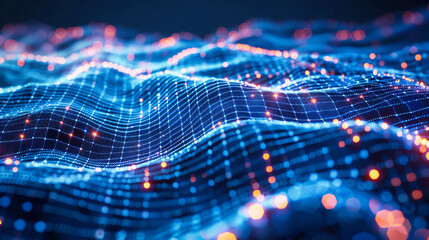 Poster - Abstract digital data stream with glowing lines on dark blue background