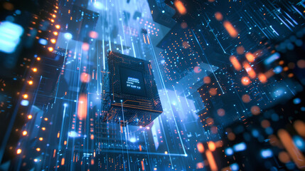 Poster - Close up of an advanced microchip with data flowing through it