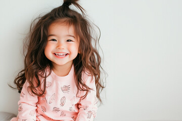 Joyful Asian toddler girl smiling indoors with natural light in pink soft pajama, web/social/add/poster