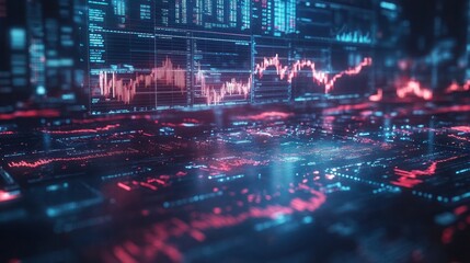 Abstract futuristic digital screen with glowing lines and data charts.